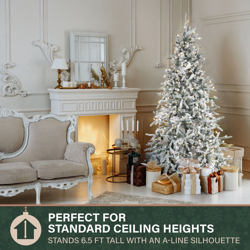 Fraser Hill Farm 6.5-Ft Flocked Mountain Pine Artificial Christmas Tree with Warm White LED Lights, FFMP065-5SN