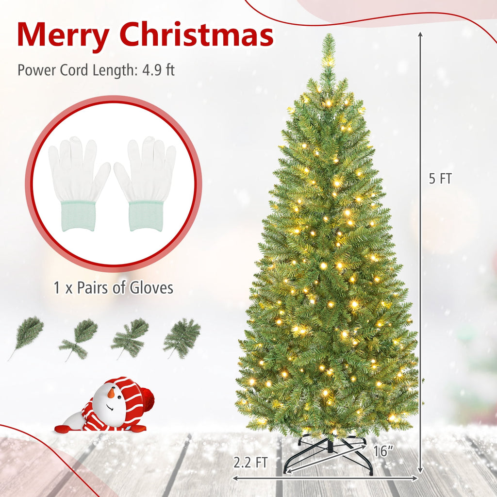 Costway 6Ft Pre-lit Artificial Pencil Christmas Tree Hinged Fir PVC Tree with 250 LED Lights