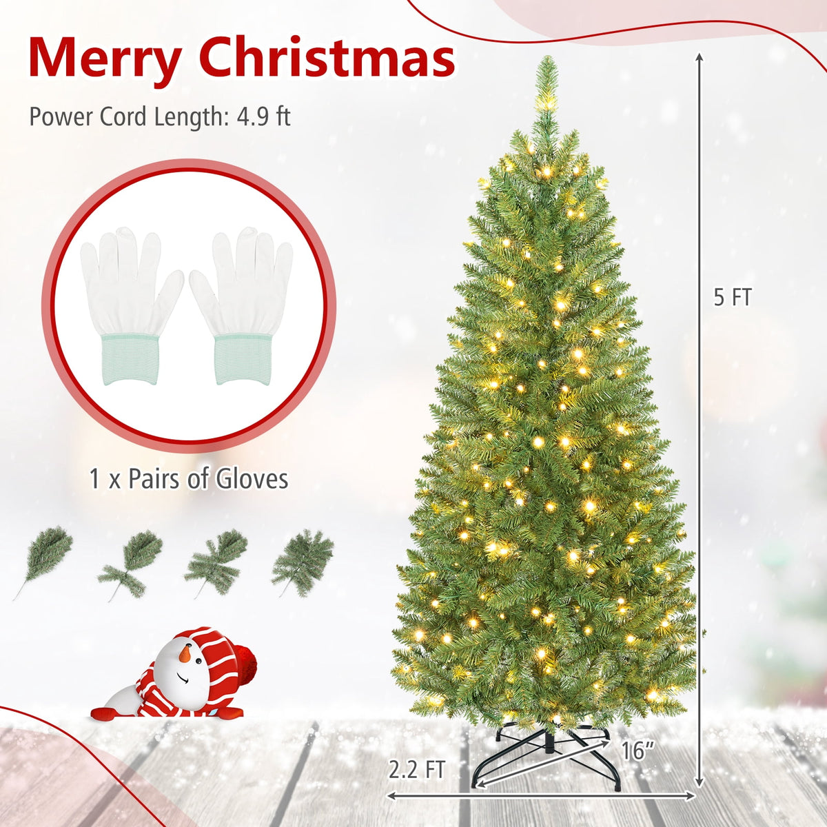 Costway 6Ft Pre-lit Artificial Pencil Christmas Tree Hinged Fir PVC Tree with 250 LED Lights