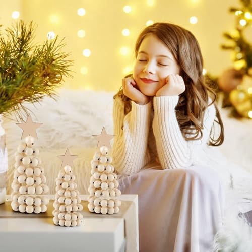 3 Pcs Christmas Tree Decor 3 Sizes 6/8/10 Inch Small Boho Artificial Christmas Tree Tabletop Decor for Home Shelf Mantel Table Party Supplies(Bead Style,Wood)