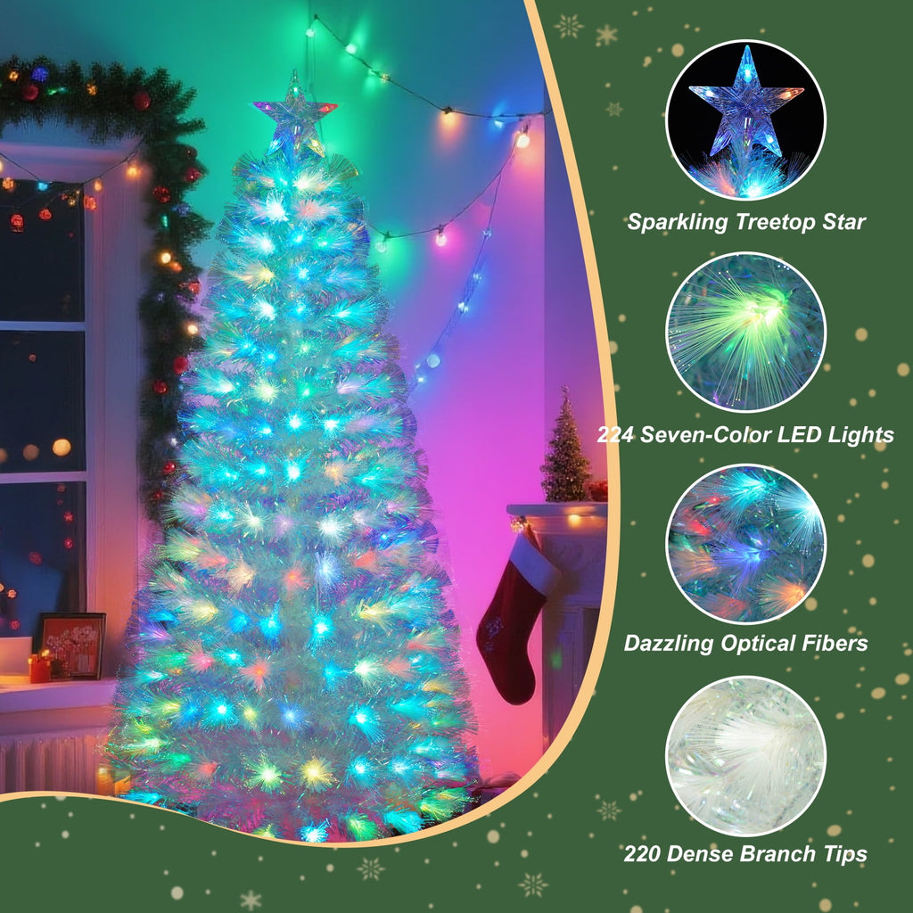 Vowella 6ft Fiber Optic Christmas Tree, Pre-Lit White Tree with Color Changing Lights & Star Topper & Sturdy Base for Home & Party