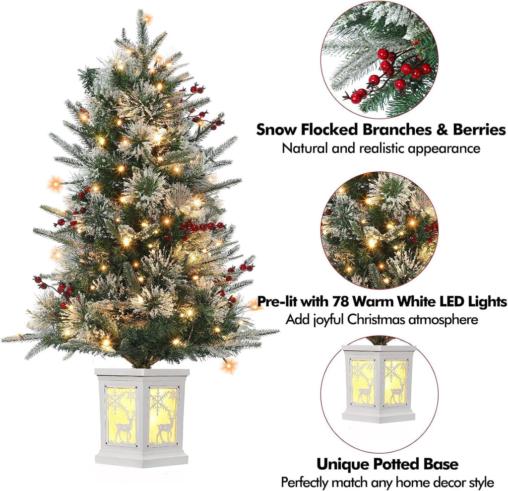 4ft Pre-Lit Artificial Christmas Tree with Large Box Base, 200 LED Lights, 4 Red Berries, Full Snow Branch Tips, Small Snowy Christmas Tree for Home, Office