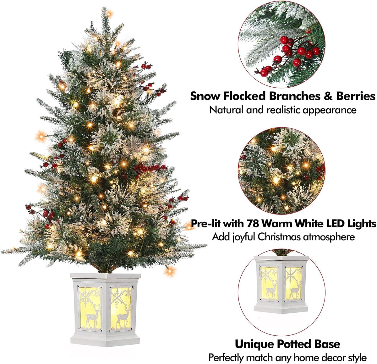 4ft Pre-Lit Artificial Christmas Tree with Large Box Base, 200 LED Lights, 4 Red Berries, Full Snow Branch Tips, Small Snowy Christmas Tree for Home, Office