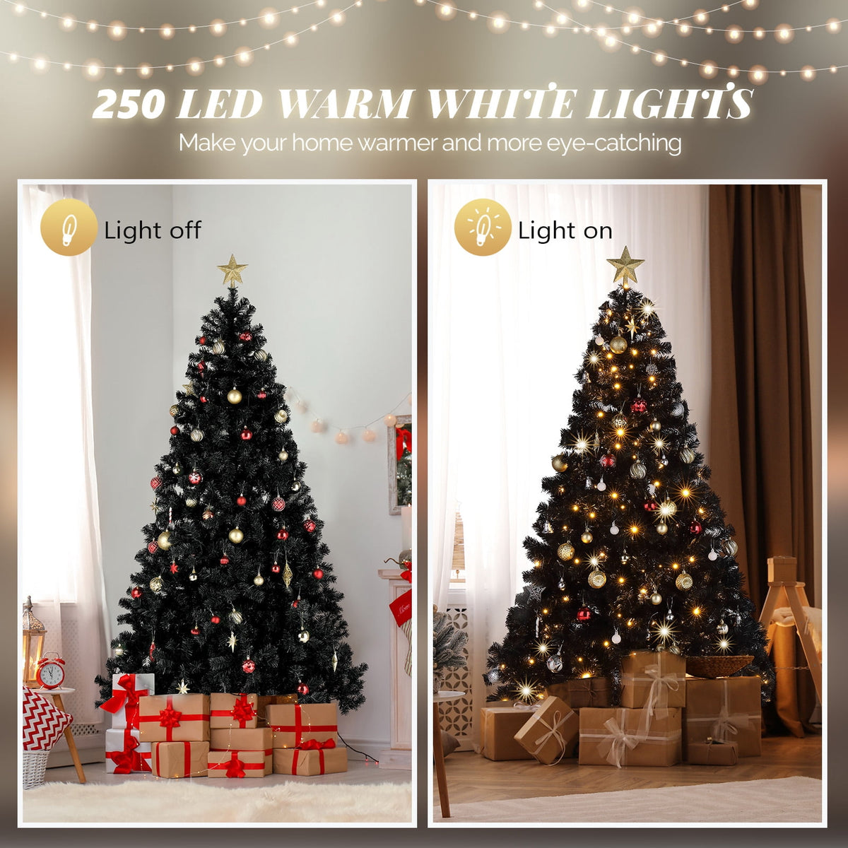 Ktaxon Black Christmas Tree 6ft Artificial Xmas Tree with 250 LEDs,Indoor Holidays Decoration,8 Modes