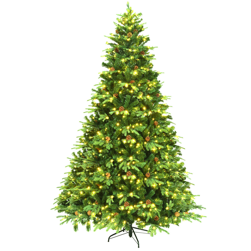 Topbuy 8'PE/PVC Artificial Pine Tree Pre-Lit Christmas Tree w/ 600 LED Lights & Pine Cones