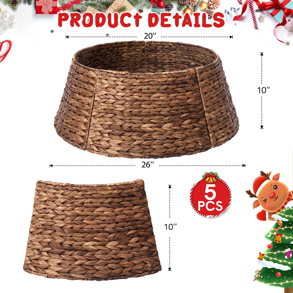 Ayieyill 26in Woven Hyacinth Christmas Tree Collar, Christmas Tree Decorations, Tree Skirt Accessory w/ Cord Cut-Out | Natural