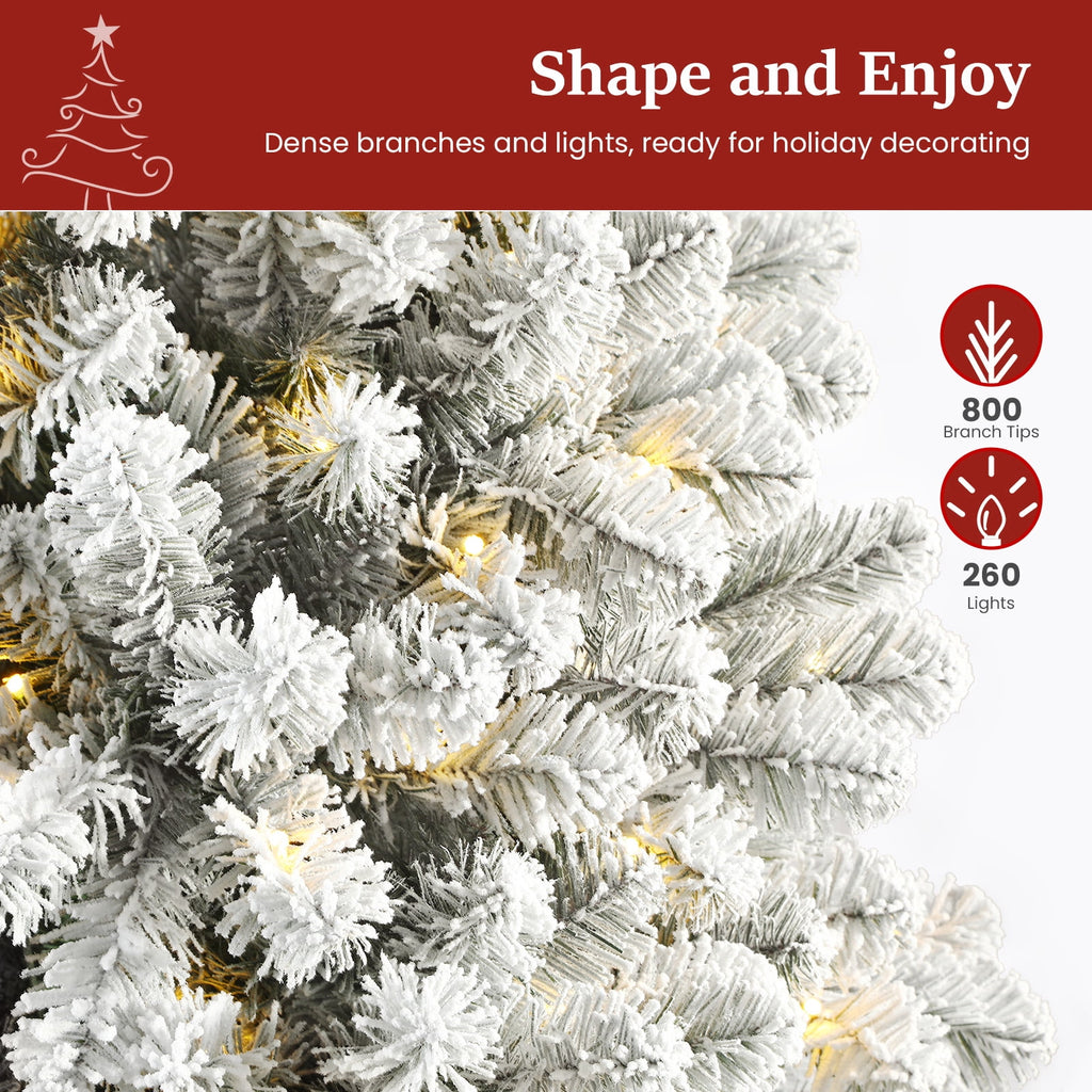 Lolsea 7ft Prelit Snow Flocked Artificial Holiday Christmas Tree w/ Warm White Lights, Foldable Stand, Full Snow Branch Tips