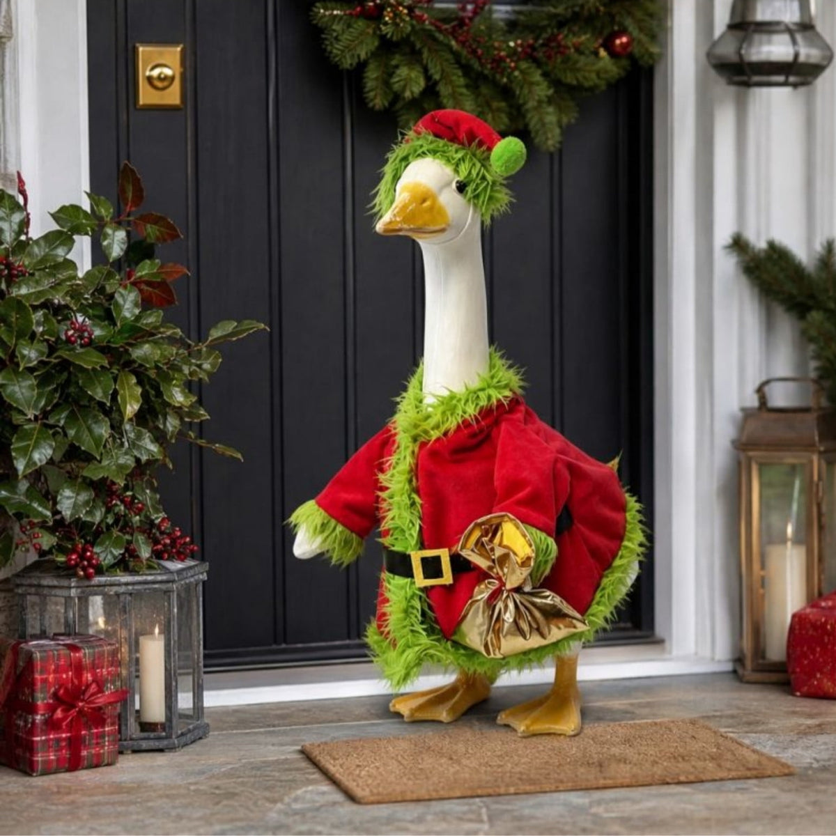 Aurorax Christmas Goose Clothes for Cement Goose Porch Goose 23"/17",Porch Goose Outfit 19 inch,Red Holiday Porch Goose Clothing Accessories for Garden Lawn Yard