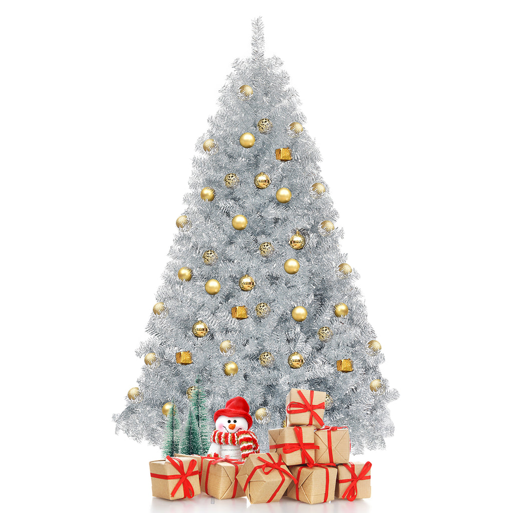 Costway 6Ft Hinged Unlit Artificial Silver Tinsel Christmas Tree Holiday w/Metal Stand