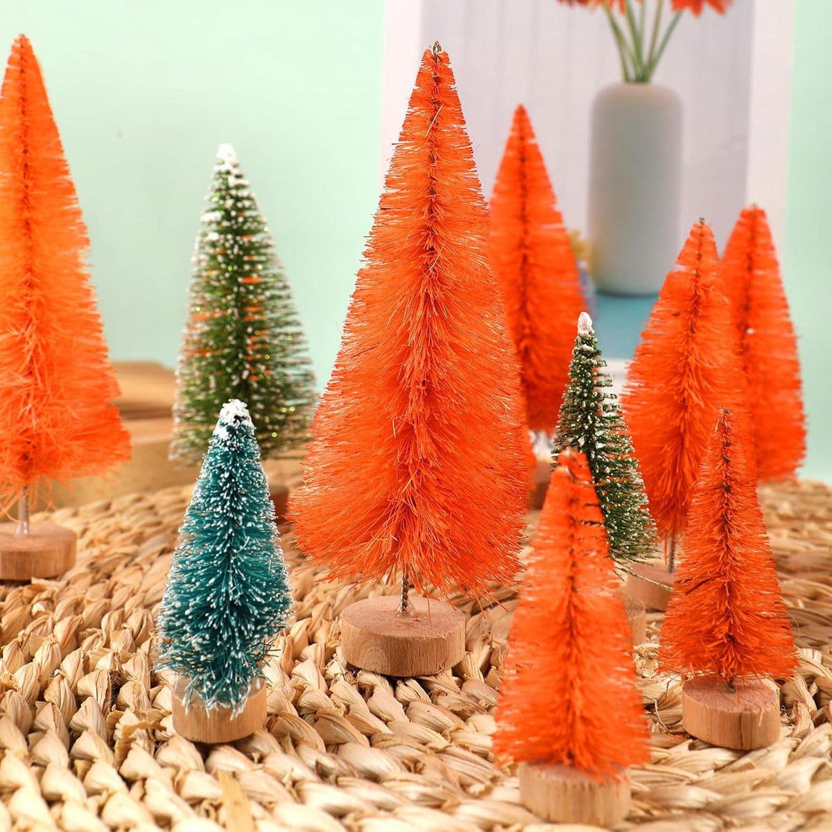 8 Pcs Artificial Mini Christmas Trees, Miniature Pine Trees Sisal Trees with Wood Base Tabletop Christmas Tree for Christmas Xmas Holiday New Year