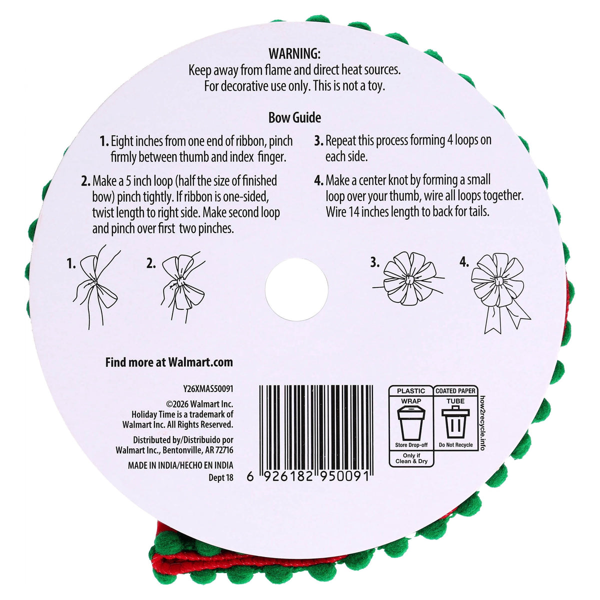 Red and Green Pom Pom Christmas Ribbon, 2.5" x 15', by Holiday Time