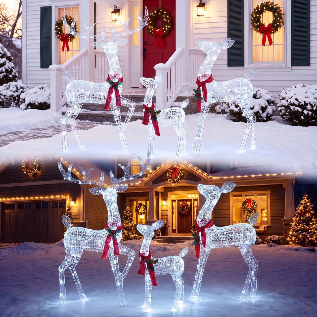 FOOWIN 3-Piece Large Christmas Deer Family, Lighted Outdoor Christmas Decoration, Champagne Gold