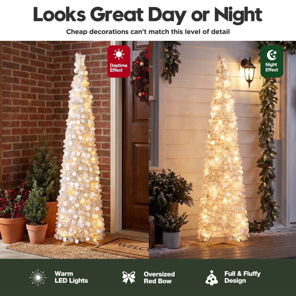 Ayieyill 5ft Pencil Christmas Tree, Collapsible Xmas Tree with Lights, Pop Up Tinsel Tree for Christmas Decorations Indoor, Pink White