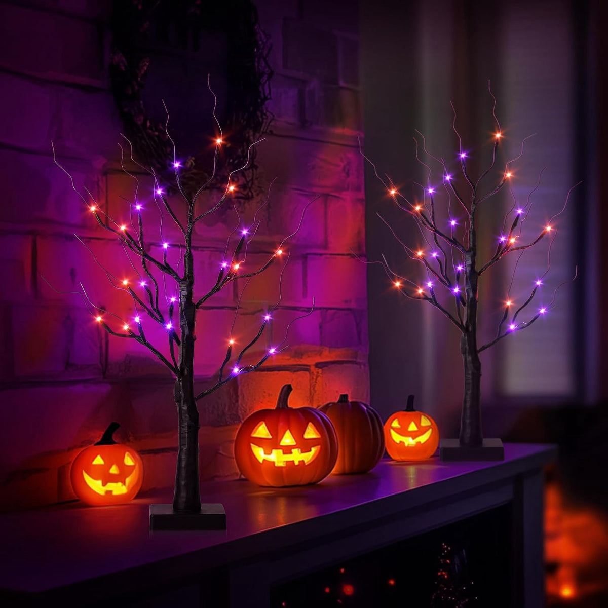 2-Pack Halloween Decor: 2FT Pre-lit Black Halloween Trees with 48 Orange & Purple LEDs, Battery Operated with Timer Function, Perfect for Spooky Tabletop Displays, Home Parties & Indoor Decorations.