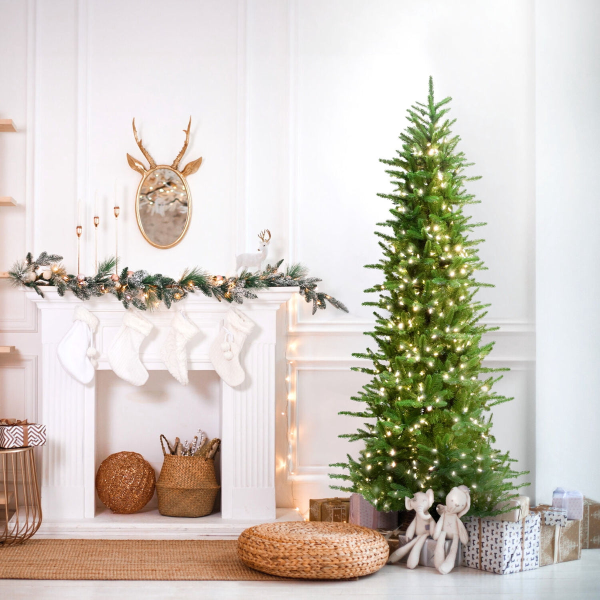 Fraser Hill Farm 6.5-Ft. Carmel Pine Slim Christmas Tree with White Incandescent Smart Lights, FFCP065-3GR
