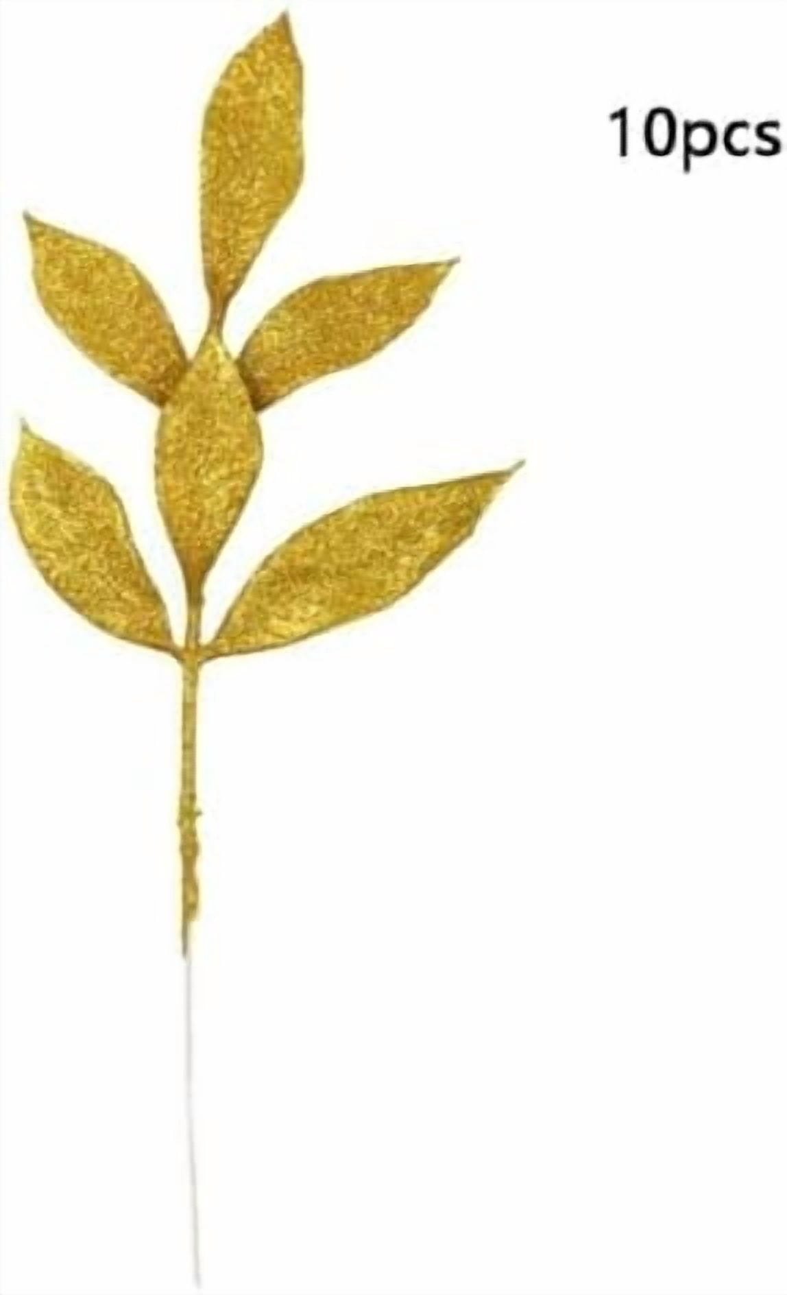 10 Pcs Artificial Glitter Leaves, 13.4 Inch Christmas Tree Picks Fake Plants Leaf Gold Glitter Leaf Picks for Christmas Tree Vase Home Decor