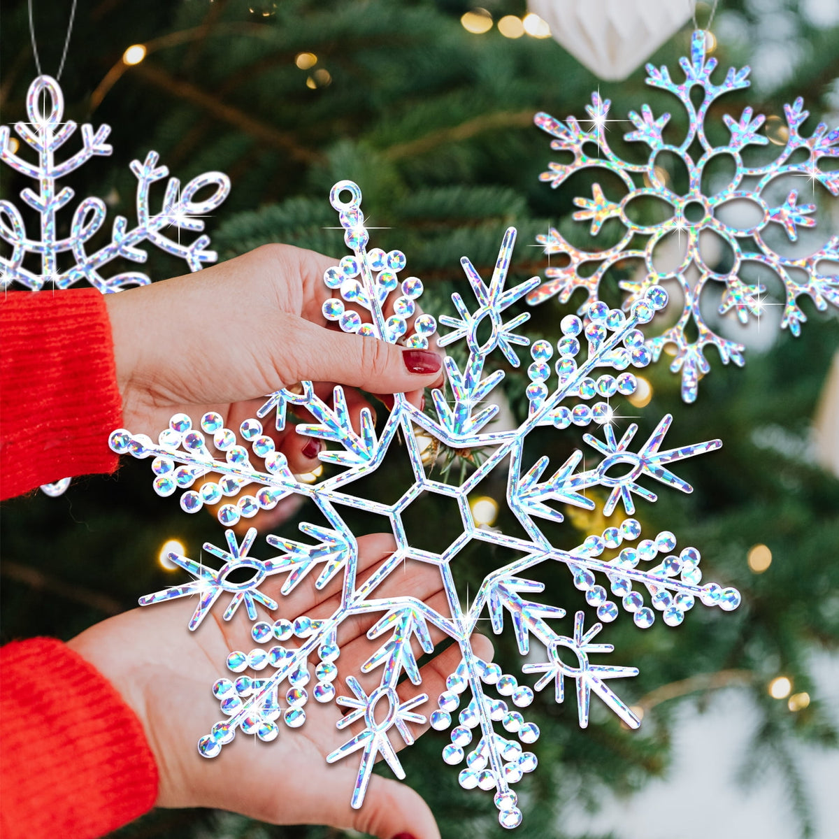 Ayieyill 6 Pieces Large Snowflakes Ornaments 12'' Glittered Snowflakes Decorations Christmas Hanging Snowflake Decorations for Winter Christmas Tree Decorations Craft Snowflakes (Iridescent)