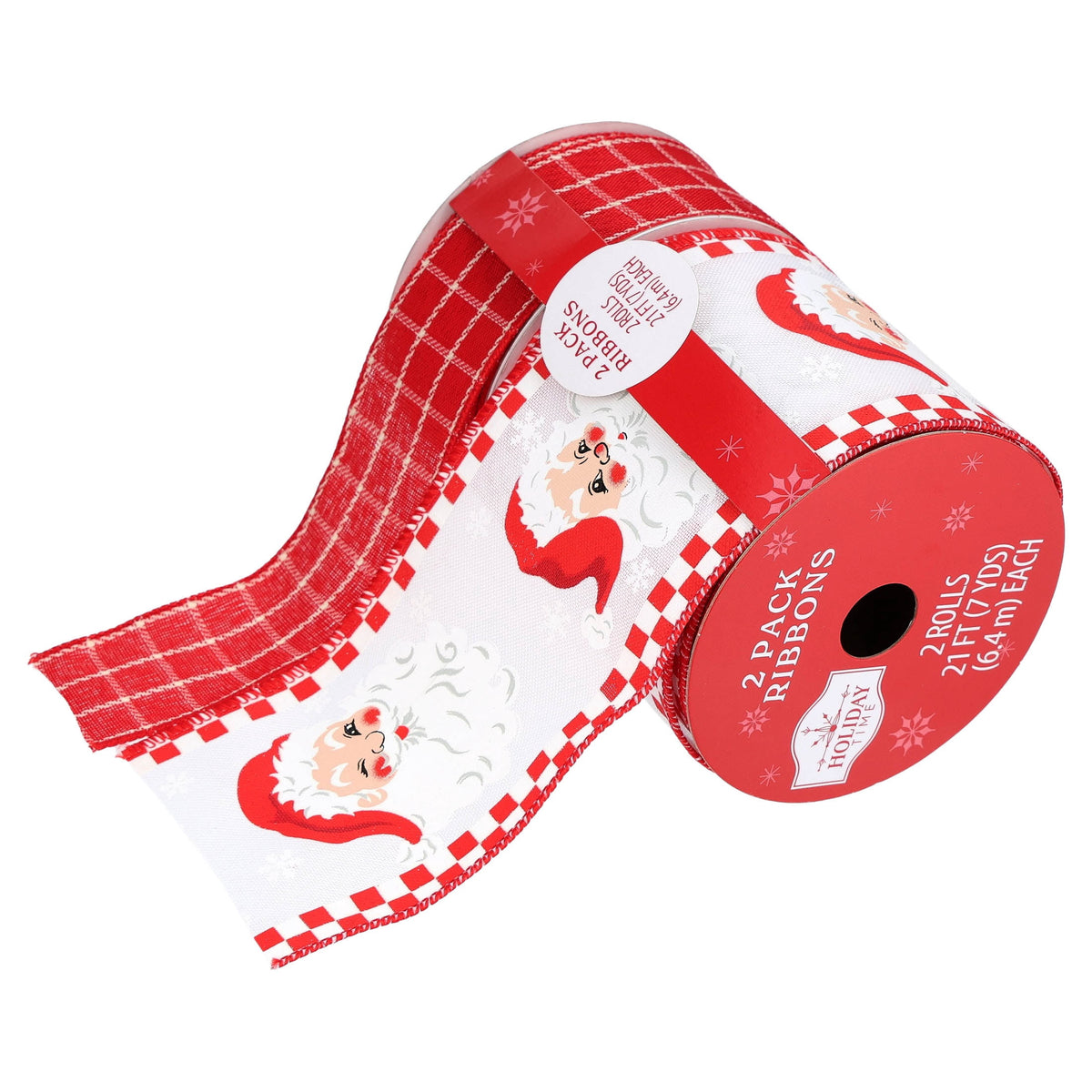 Red and White Santa and Plaid Christmas Ribbon, 21', 2 Pack, by Holiday Time