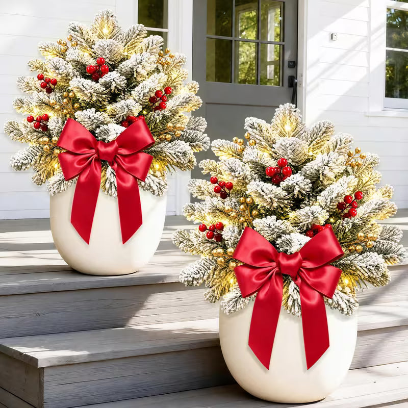 2PK Prelit Outdoor Christmas Trees Christmas Urn Pot Filler Snow Flocked Lighted Christmas Trees with 100 LED Warm White/Colorful Lights Timer 8 Modes for Front Door Porch Christmas Decoration