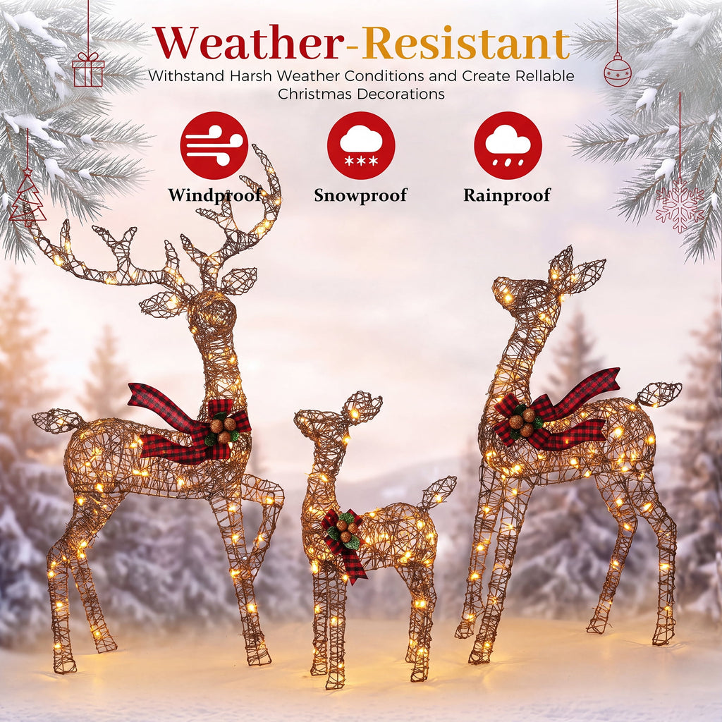 FOOWIN 3-Piece Large Christmas Deer Family, Lighted Outdoor Christmas Decoration, Champagne Gold