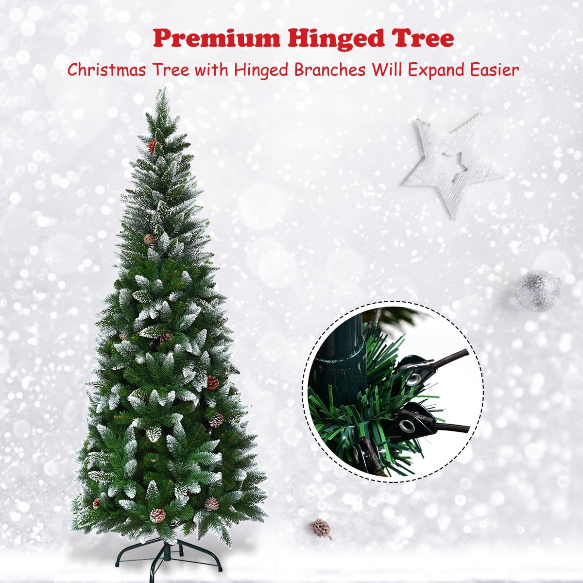 Gymax 5ft Snow Flocked Pencil Christmas Tree Classic Realistic PVC Needles W/Pine Cones