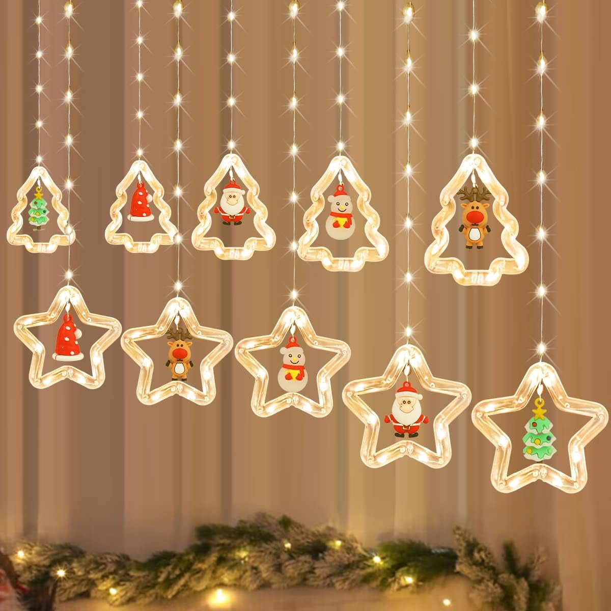 WILLED Christmas String Lights, 120 LED Window Curtain Lights with Christmas Ornaments, 9.8ft USB Powered Warm White Waterproof Fairy Lights Indoor Outdoor for Xmas Tree Patio Garden Party Home Decor