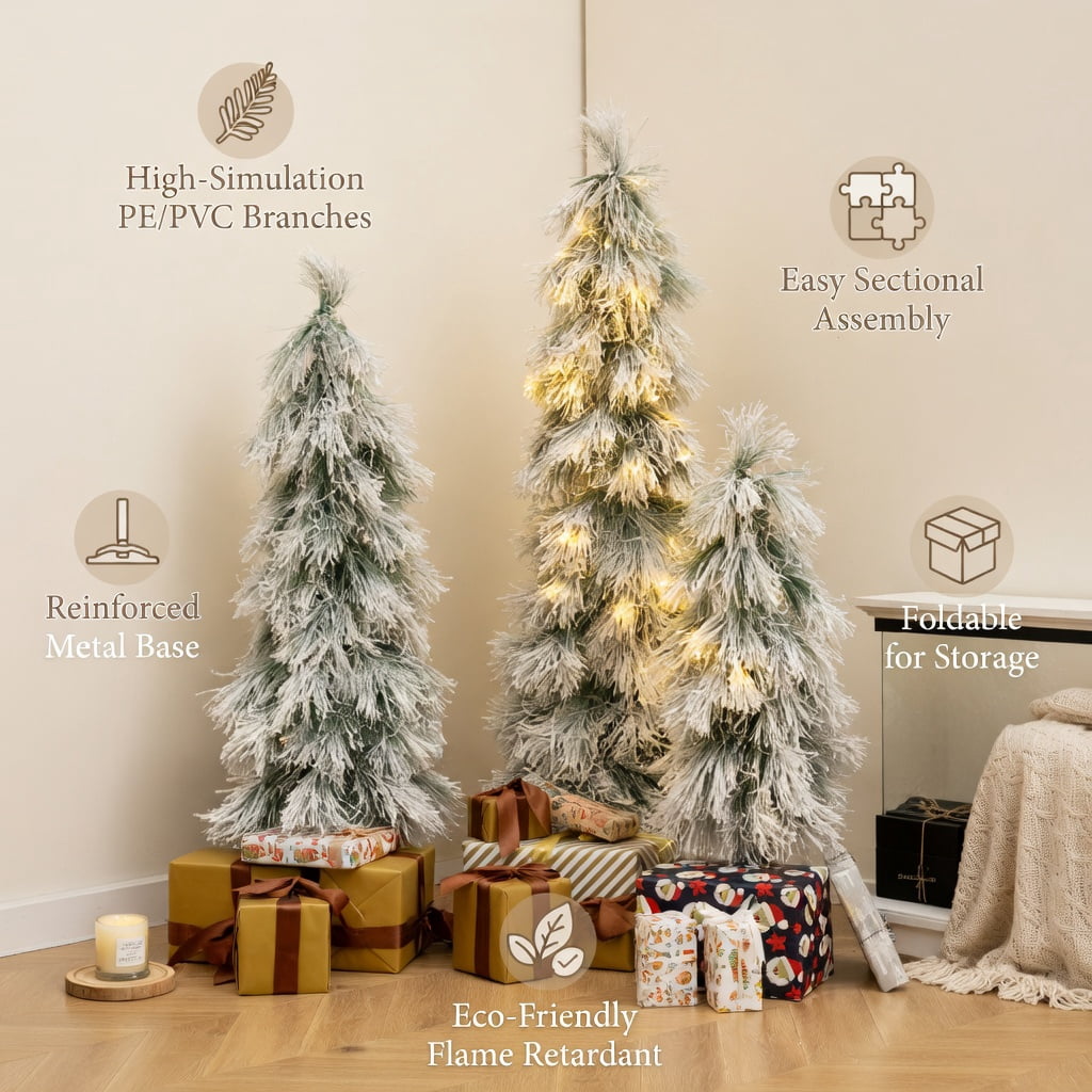 Resenkos 3-Piece Snow Flocked Artificial Christmas Tree Set - LED Lights, Green/White