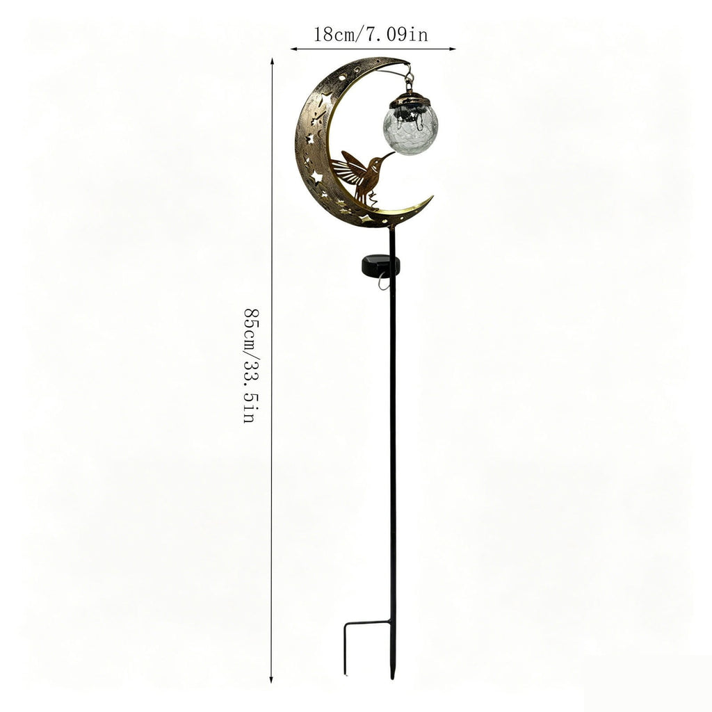 Hummingbird Moon Solar Garden Stake Light Half Moon LED Pathway Decor Crackle Hanging Glass Globe Ball Metal Crescent for Outside Yard Lawn Decor