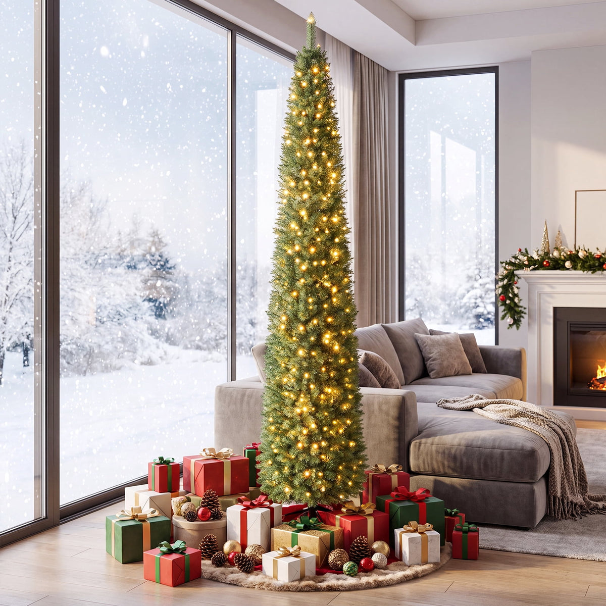 Costway 5 FT Pre-Lit Pencil Christmas Tree with 150 LED Lights & 296 Branch Tips Party