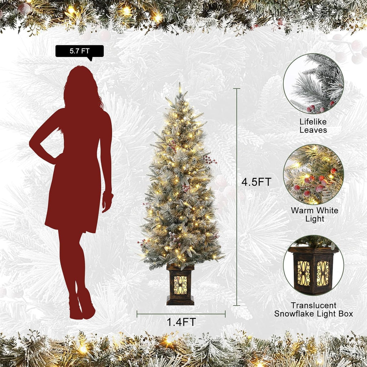 4ft Pre-Lit Artificial Christmas Tree with Large Box Base, 200 LED Lights, 4 Red Berries, Full Snow Branch Tips, Small Snowy Christmas Tree for Home, Office