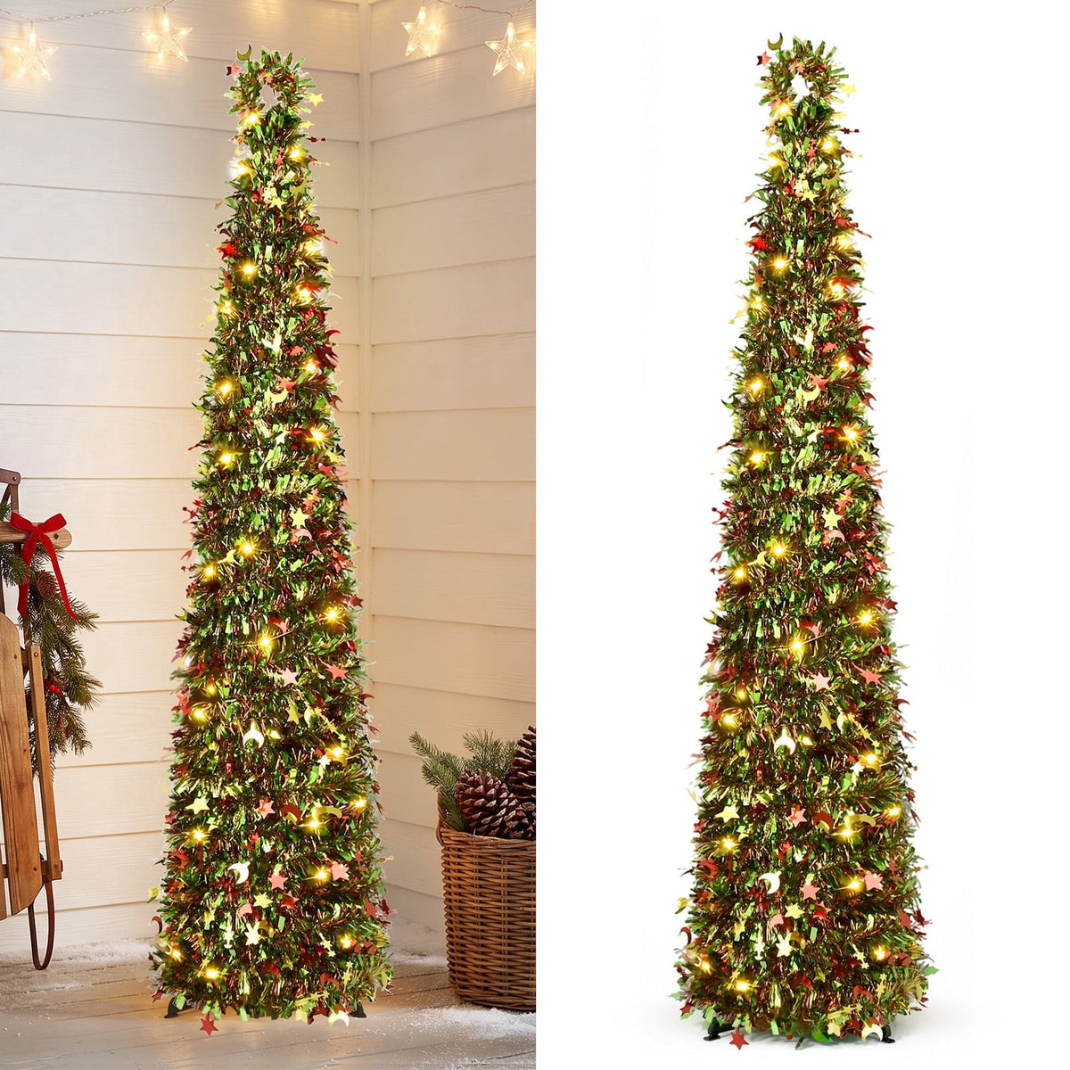 Ayieyill 5ft Pencil Christmas Tree, Collapsible Xmas Tree with Lights, Pop Up Tinsel Tree for Christmas Decorations Indoor, Pink White