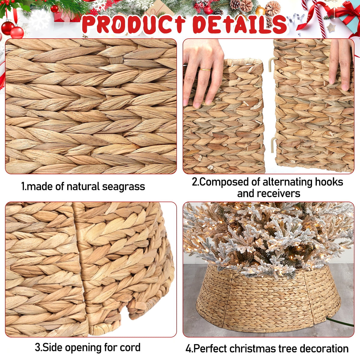 Ayieyill 26in Woven Hyacinth Christmas Tree Collar, Christmas Tree Decorations, Tree Skirt Accessory w/ Cord Cut-Out | Natural
