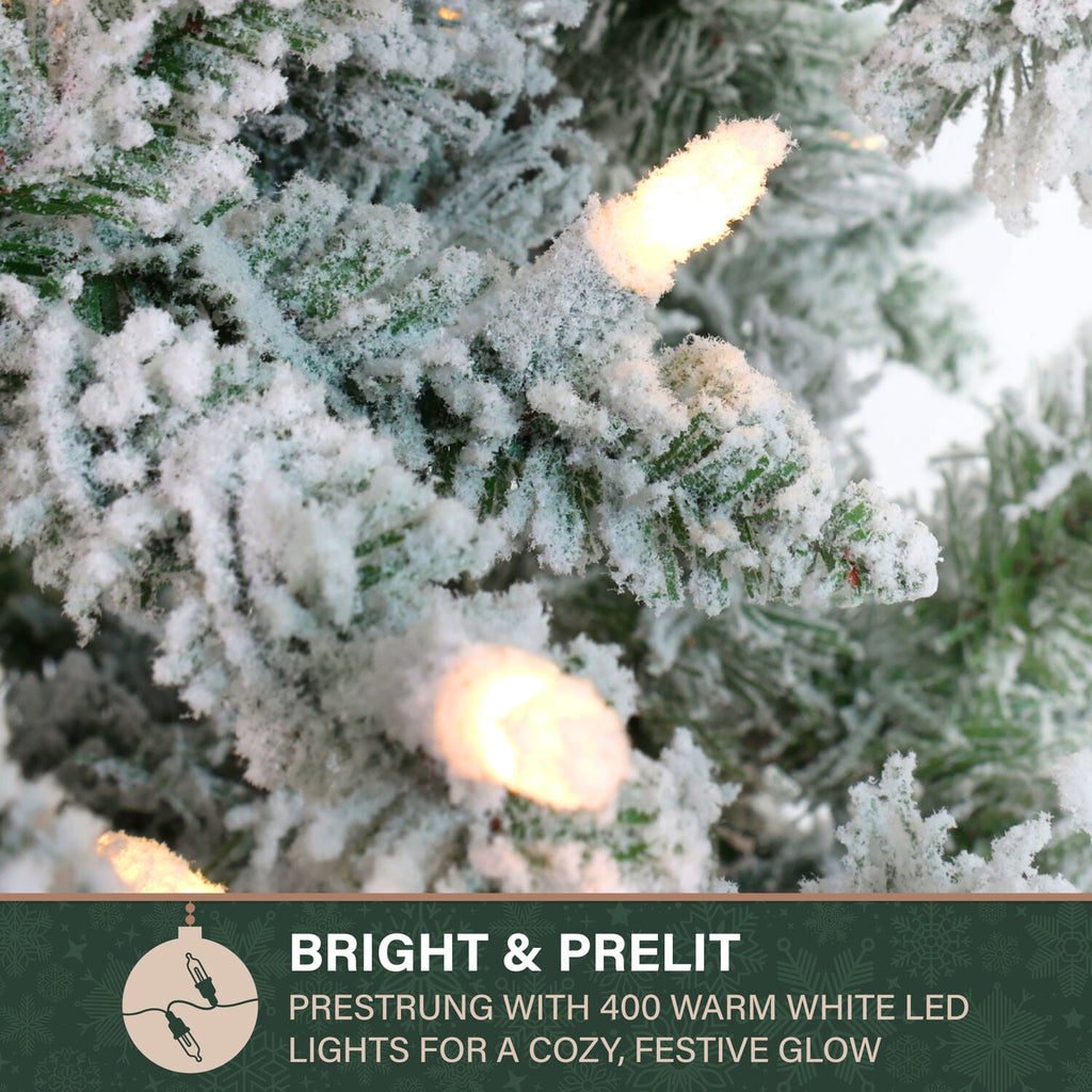 Fraser Hill Farm 6.5-Ft Flocked Mountain Pine Artificial Christmas Tree with Warm White LED Lights, FFMP065-5SN