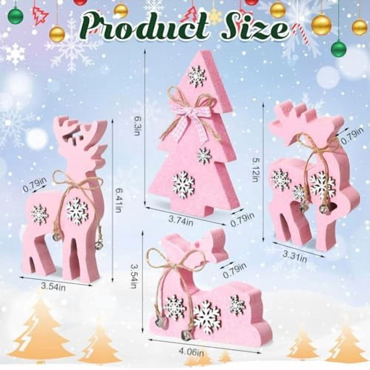 Christmas Reindeer Tabletop Decorations 4 Piece Wooden Reindeer and Christmas Tree Centerpieces Pink