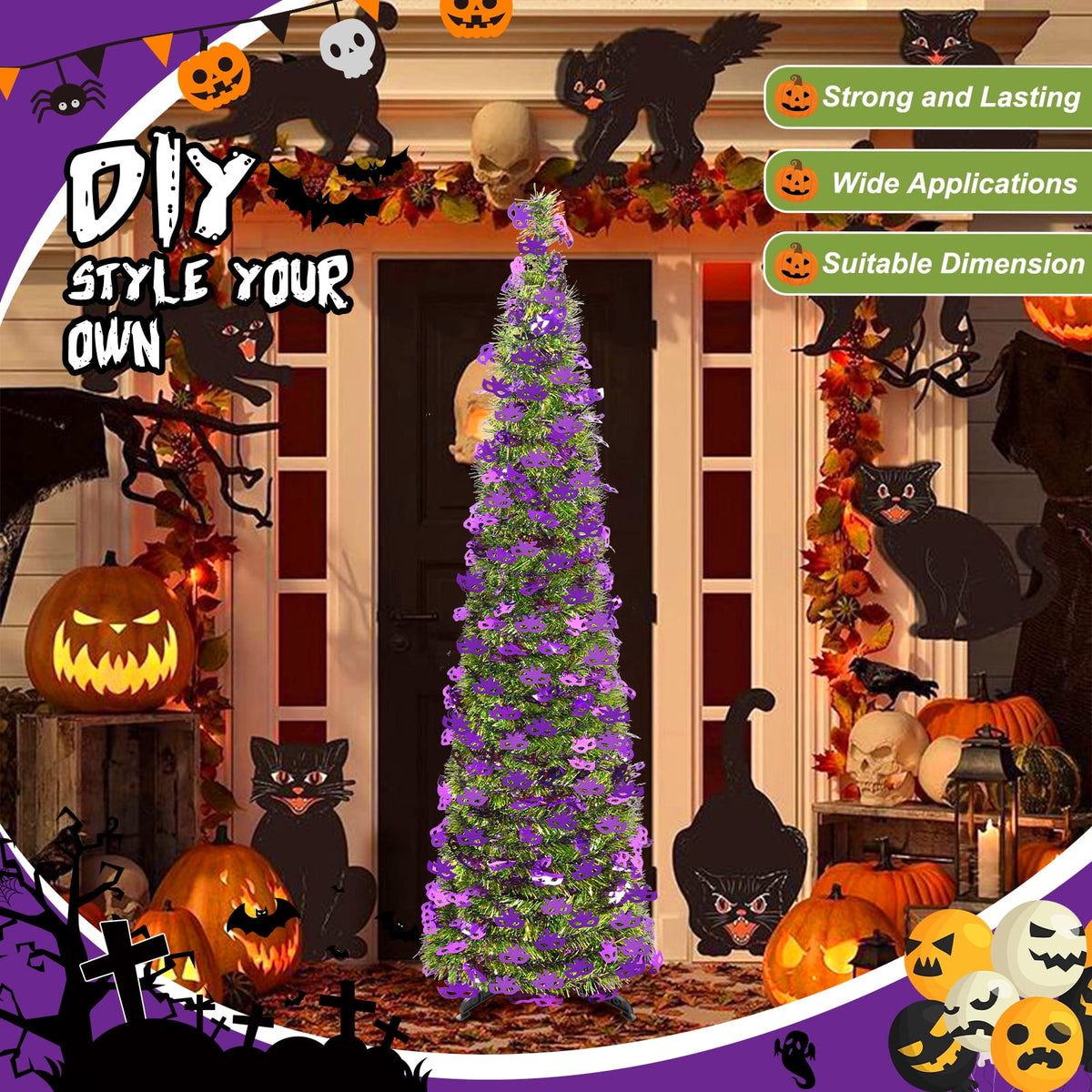 Ayieyill 5ft Halloween Tree Prelit, Pencil Pop up Tree with Light Halloween Decoration | Indoor | Black