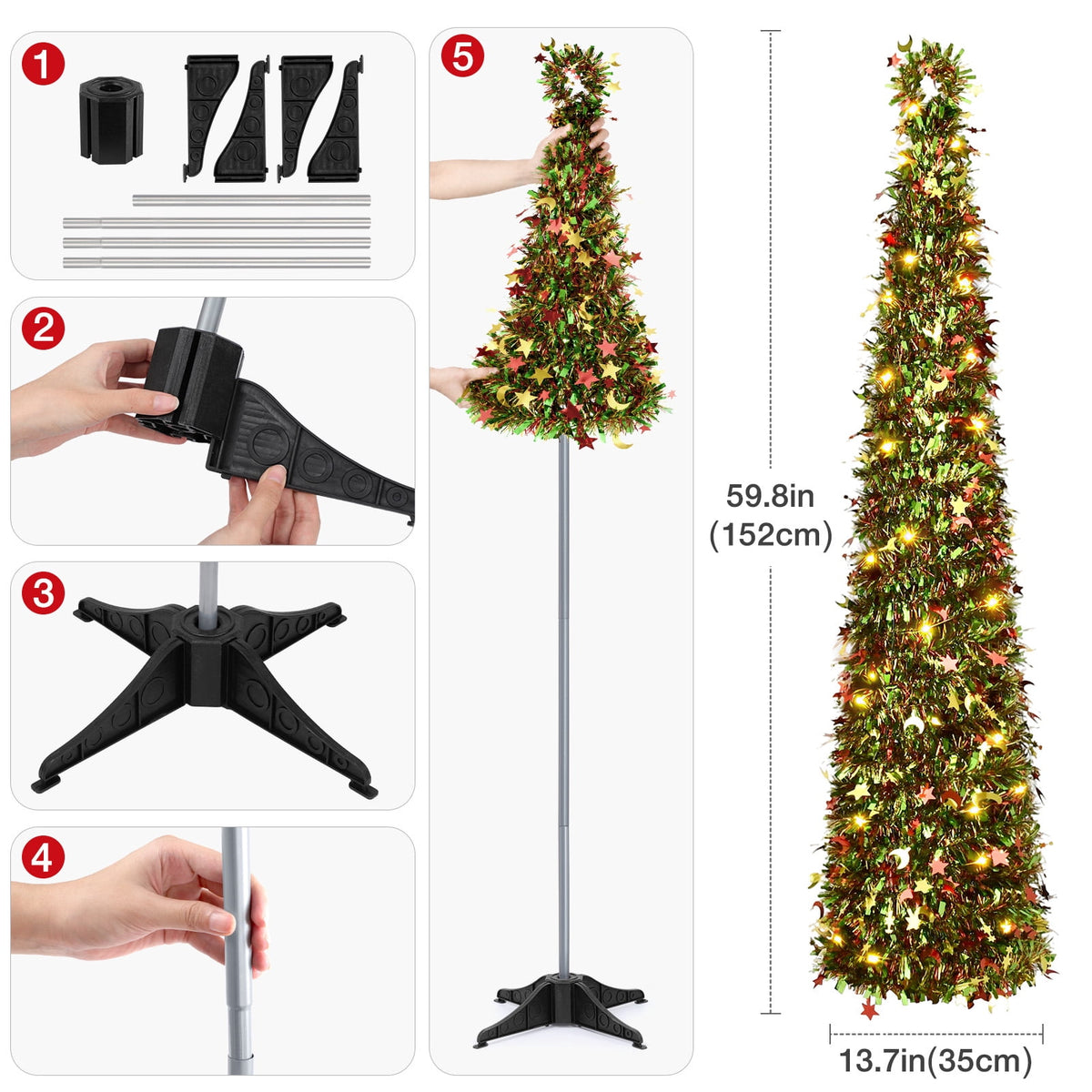 Ayieyill 5ft Pencil Christmas Tree, Collapsible Xmas Tree with Lights, Pop Up Tinsel Tree for Christmas Decorations Indoor, Pink White
