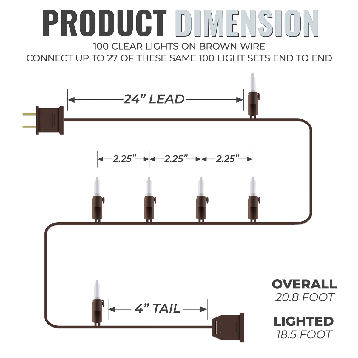 612 Vermont 100 White LED Christmas Lights on a White Wire Cord, UL Approved for Indoor and Outdoor Use, Lighted Length 18.5 Feet, Total Length 20.8 Feet, Connect Up to 27 Sets End to End