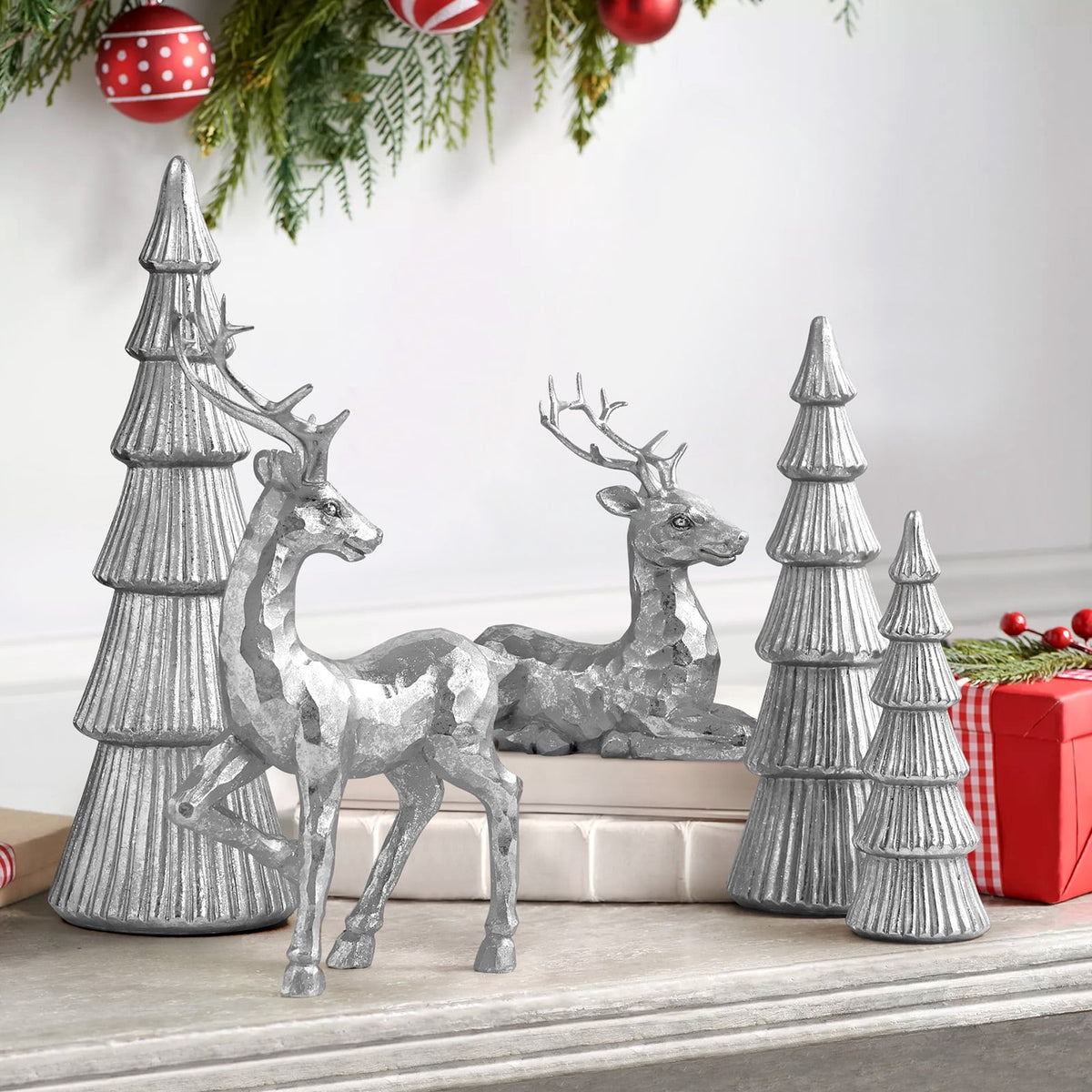 Ayieyill 5PCS Tree and Reindeer Decoration, Christmas Tree Reindeer Figurines, Christmas Decortion Indoor (Rose Gold)