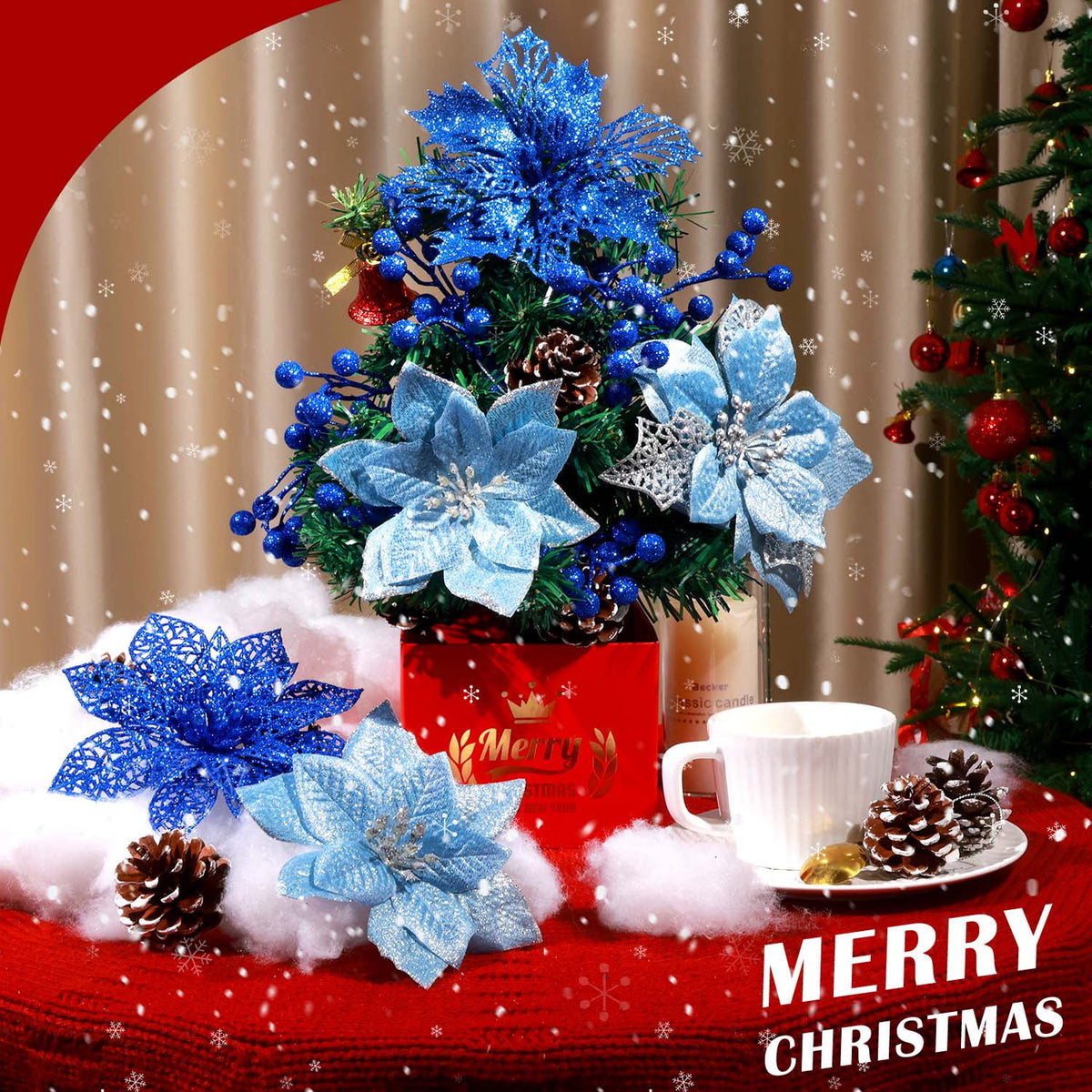 Ayieyill 56Pcs Poinsettia Christmas Flowers Decorations Christmas flower ornaments Artificial Glitter Berry Stems Christmas Pine Cones Christmas Tree Ornaments Set Christmas Tree Decorations (Blue)