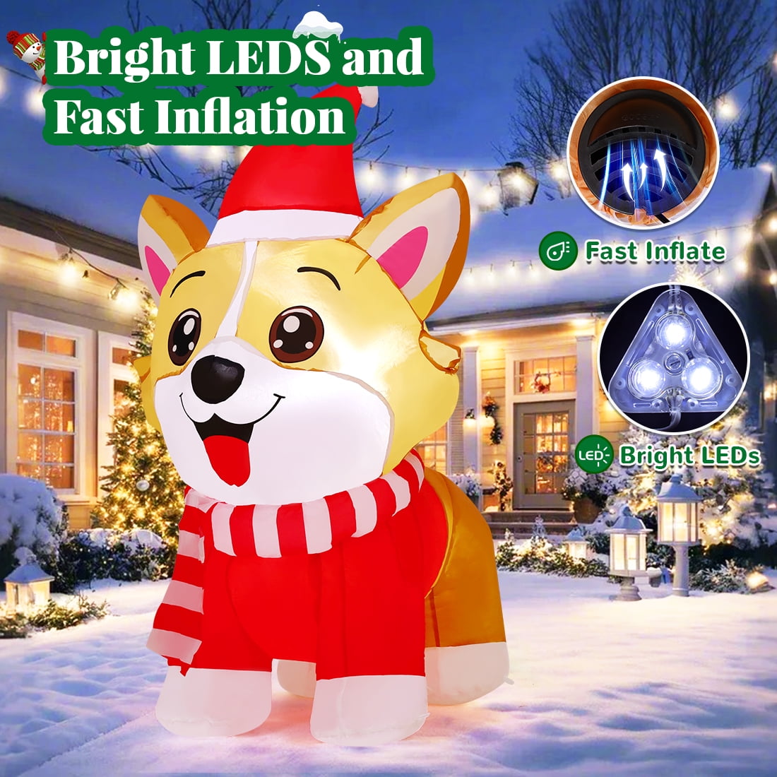 GOOSH Christmas Inflatables 4.2 FT Inflatable Dog Wearing Hat with Built-in LED Lights, Cute Inflatable Christmas Dog Blow up Corgi Dog, Outdoor Christmas Decorations for Xmas Holiday Party