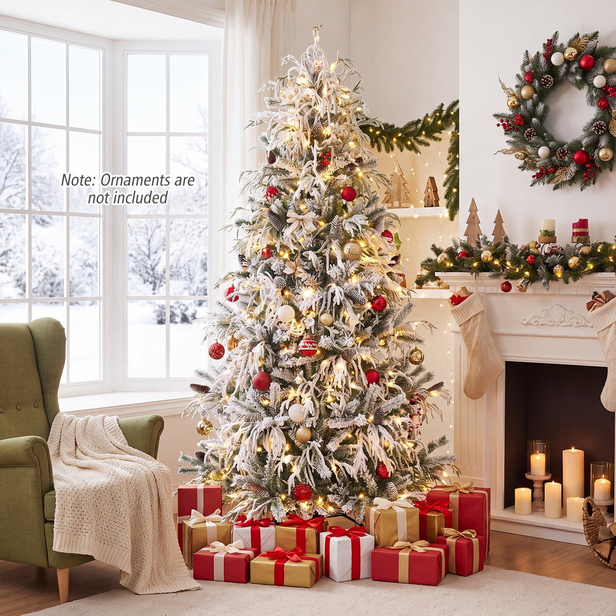 Costway 7 ft Flocked Cypress Christmas Tree with 710 Full PE Branch Tips, 350 LED Lights Sparse-Style White