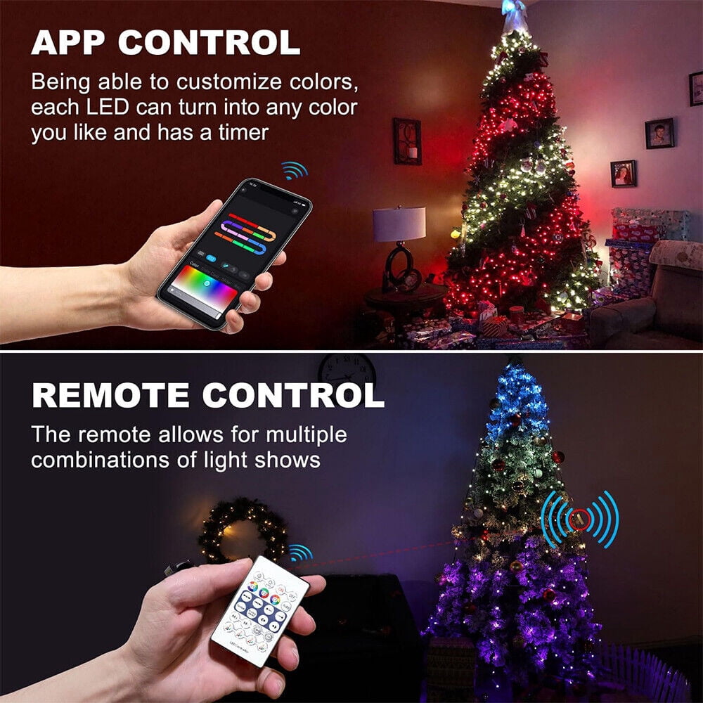 IC ICLOVER Christmas Tree String Lights Decorations with Ring Smart APP, 400 LED Waterfall Lights IP65 Waterproof Multi-Modes with Remote Color Changing Lights for Wedding Yard Party Home Holiday