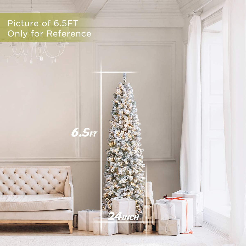 OasisCraft 9ft Pre-Lit Snow Flocked Artificial Pencil Christmas Tree with 450 Clear Lights, Hinged Snowy Slim Xmas Tree Outdoor for Festive Holiday Decor