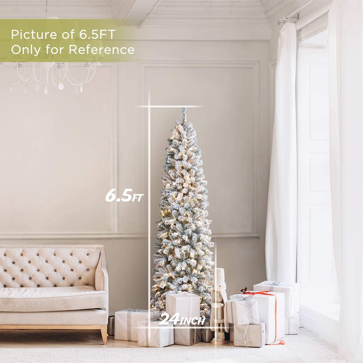 OasisCraft 9ft Pre-Lit Snow Flocked Artificial Pencil Christmas Tree with 450 Clear Lights, Hinged Snowy Slim Xmas Tree Outdoor for Festive Holiday Decor