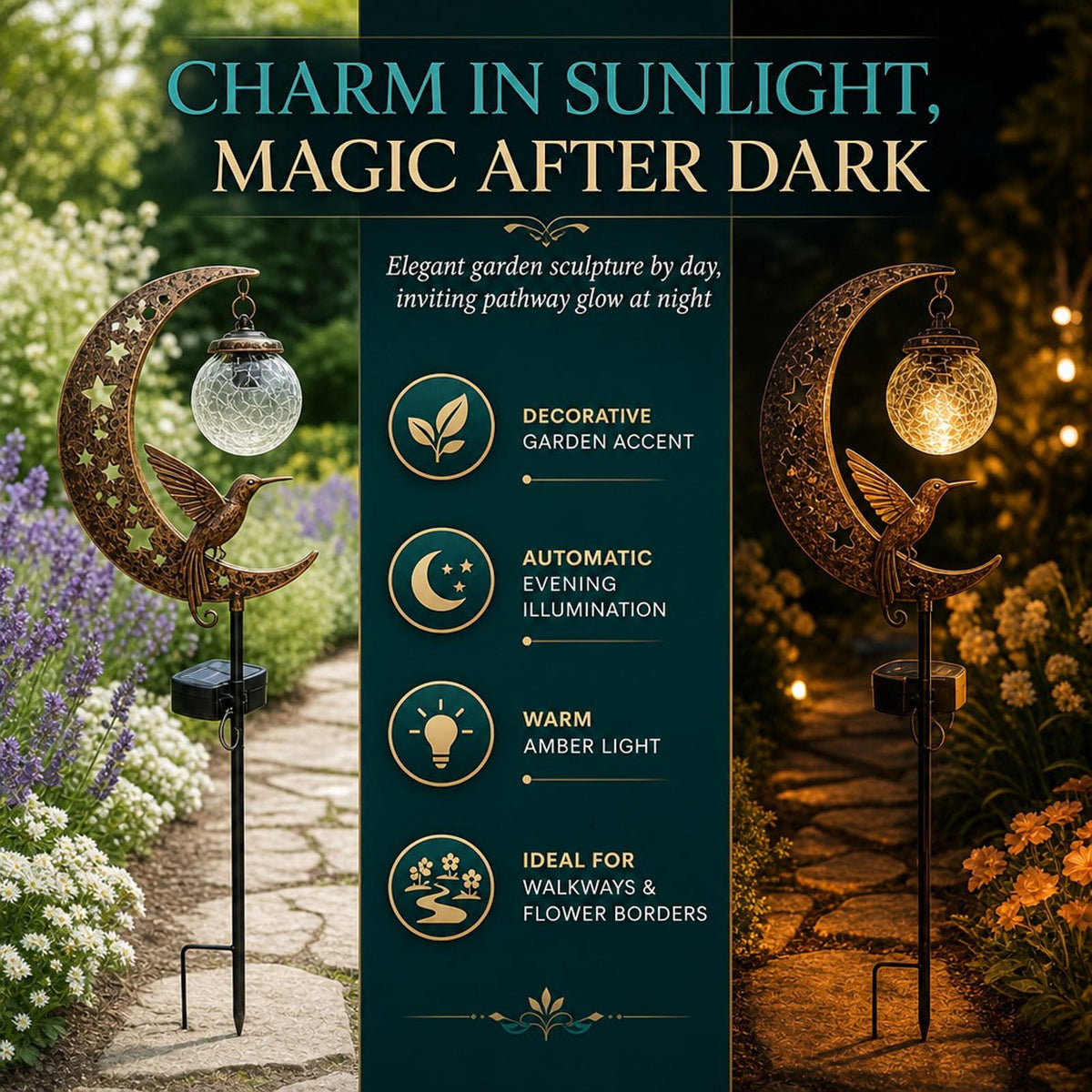 Hummingbird Moon Solar Garden Stake Light Half Moon LED Pathway Decor Crackle Hanging Glass Globe Ball Metal Crescent for Outside Yard Lawn Decor