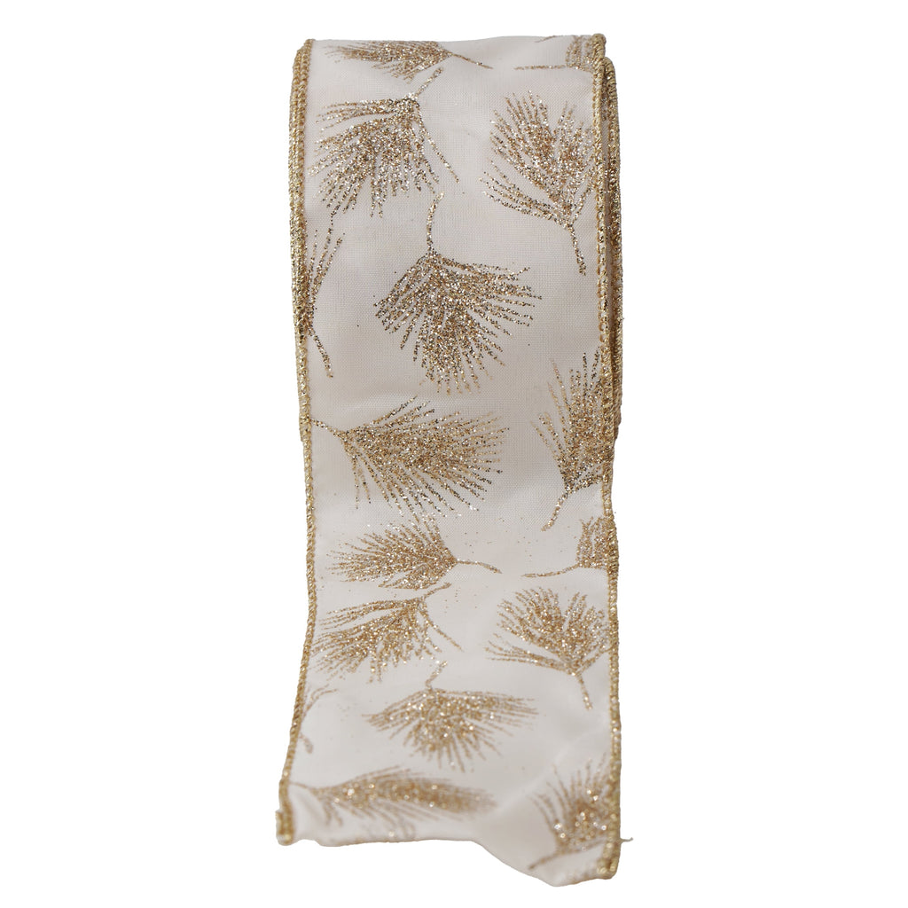 Cream and Gold Glitter Pine Sprig Christmas Ribbon, 2.5" x 25', by Holiday Time