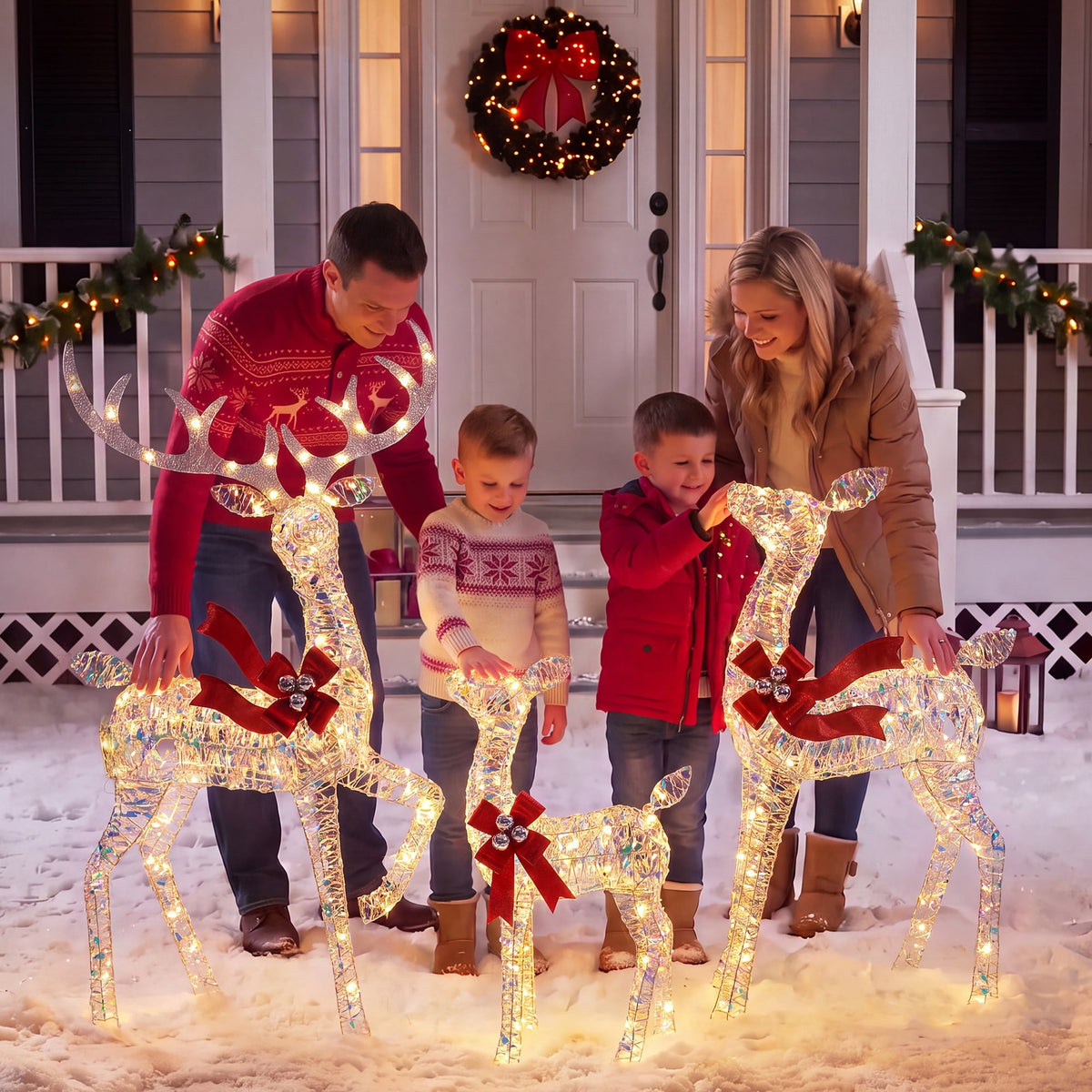 FOOWIN 3-Piece Large Christmas Deer Family, Lighted Outdoor Christmas Decoration, Champagne Gold