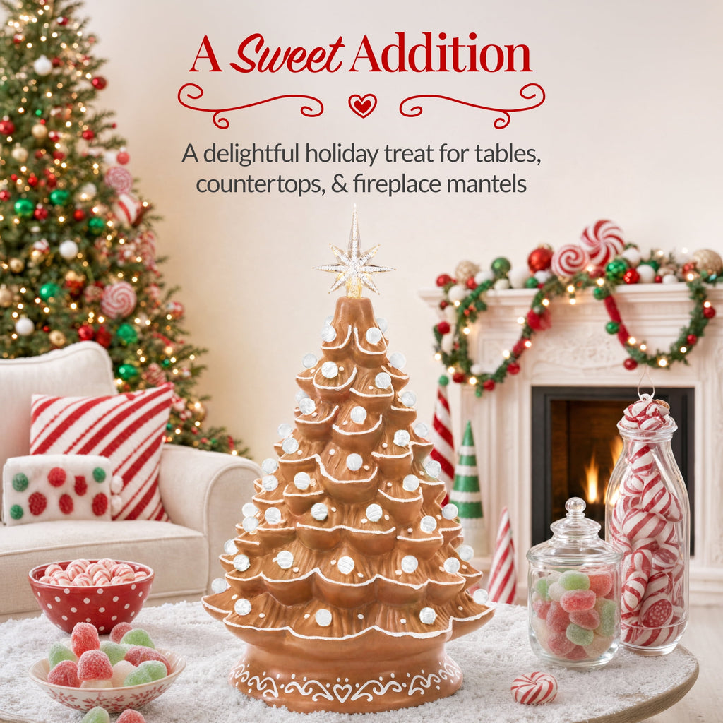 Best Choice Products 15in Ceramic Christmas Tree, Pre-lit Hand-Painted Tabletop Holiday Tree, Gingerbread Red/White/Grn