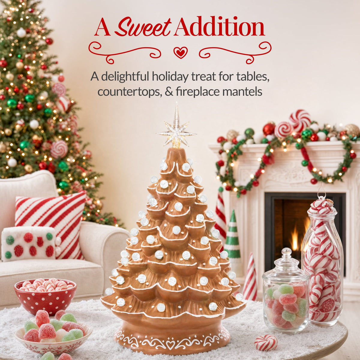 Best Choice Products 15in Ceramic Christmas Tree, Pre-lit Hand-Painted Tabletop Holiday Tree, Gingerbread Red/White/Grn