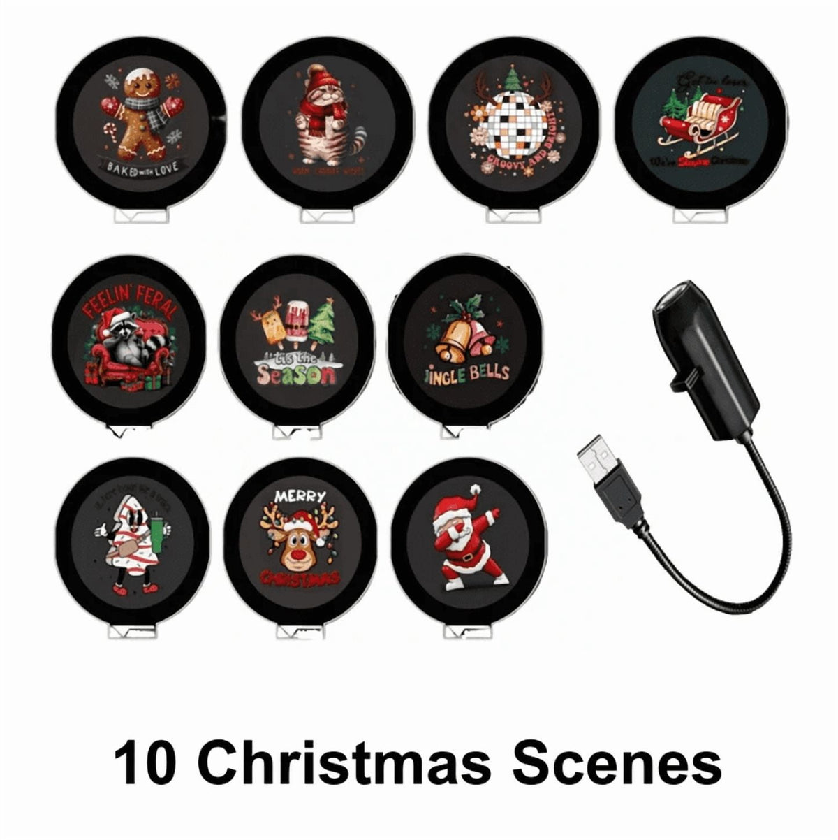 Plug-&-Play HD Christmas&Halloween Projector, USB Flexible 360° Rotatable Holiday Projection Lamp with 10 Festive Pattern Slides for Indoor Ceiling Wall Xmas Decor Christmas 6 Scenes